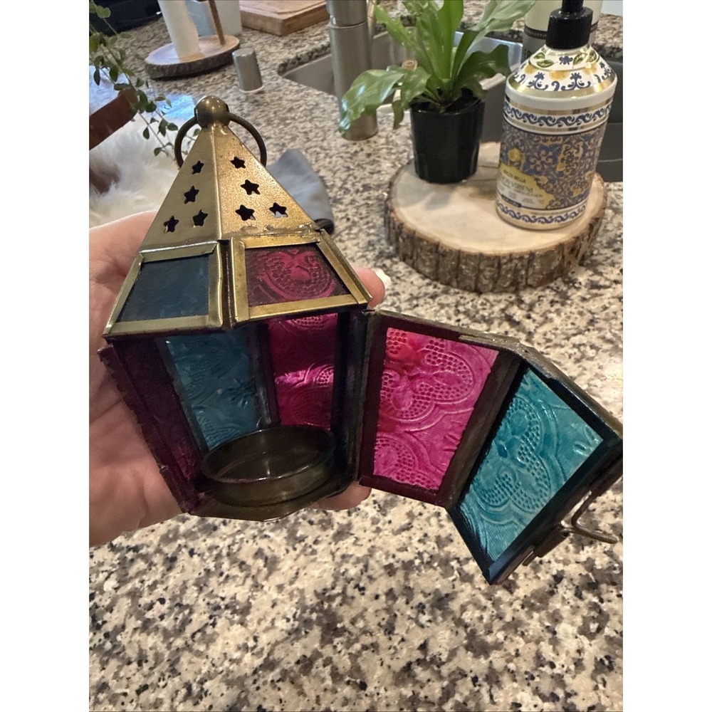 Lantern Candle Holder - Multicolor Color Glass, Metal UNSIGNED Witchy Incense - Picture 4 of 5
